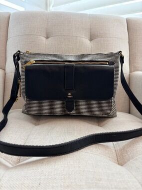 Fossil Kinley Black & White Canvas Leather Crossbody Bag